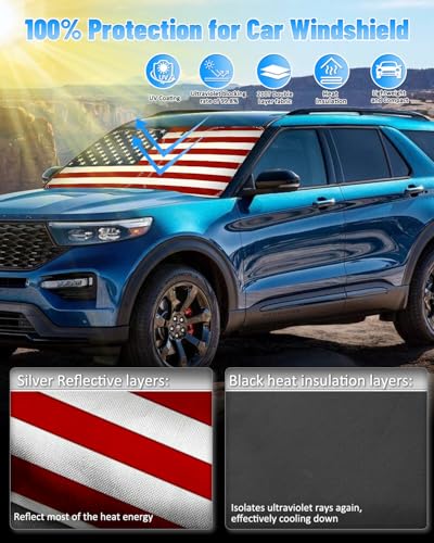 American Flag Car Windshield Sun Shade Compatible with Ford Explorer 2020 (for Ford Explorer 2020 - 2024 - USA Flag)