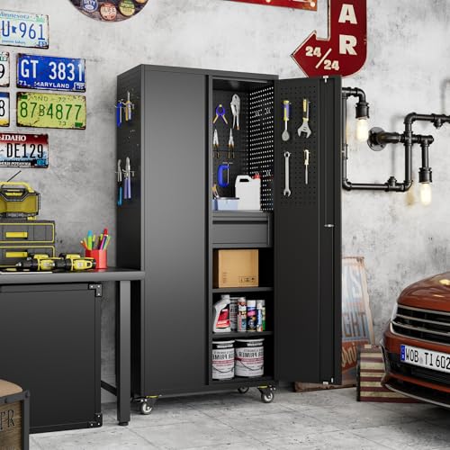 71"H Garage Storage Cabinet with Wheels (Black / 15"D x 30"W x 71"H)