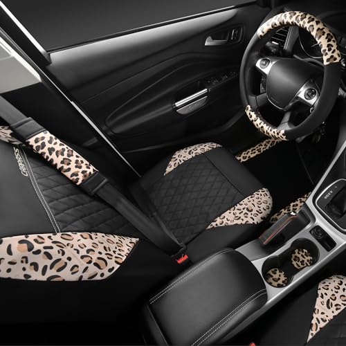 Leopard Print Faux Leather Car Seat Covers & Leopard Car Mats&Leopard Steering Wheel Cover Seat Belt Pad Universal Car Accessories for SUV (Leopard combo)