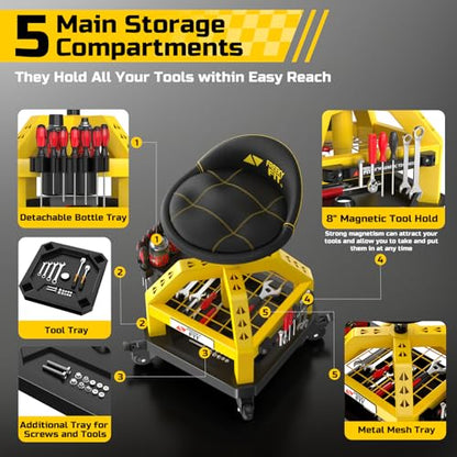 Rolling Shop Stool for Garage with Casters (Yellow)
