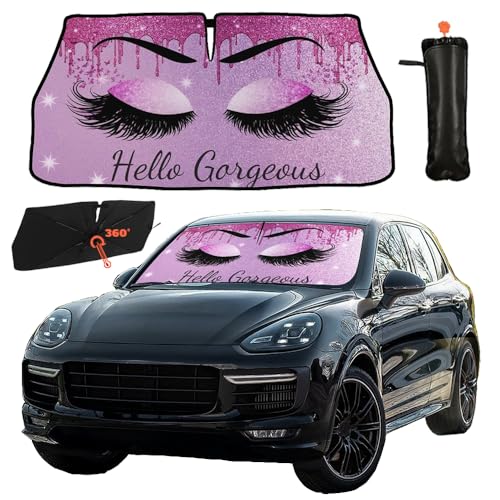 Car Windshield Sunshade Umbrella Eyes Eyelashes Funny Sun Shade Cover Upgraded Sunshade Windshield Umbrella with 360° Bendable Handle for Protect Car Interior 57"x30" (Eyelashes)