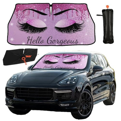 Car Windshield Sunshade Umbrella Eyes Eyelashes Funny Sun Shade Cover Upgraded Sunshade Windshield Umbrella with 360° Bendable Handle for Protect Car Interior 57"x30" (Eyelashes)