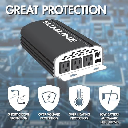 EL3724 2000W Slim Line AC to DC Power Inverter 2000W TrueRated Continuous 4500W Surge Power DC 12V to AC 110V Power Inverter with 3 AC Outlets and 2A USB Charging Port (2000W - 12V)