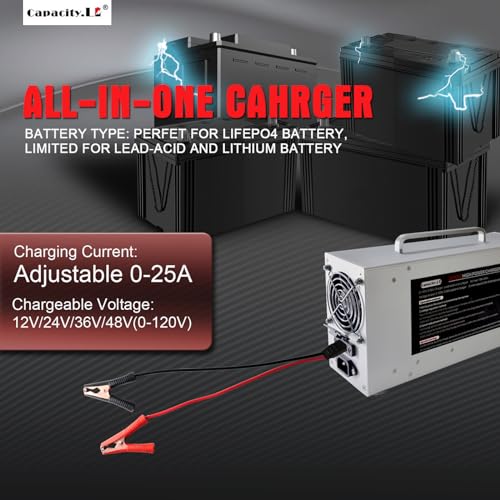 0-120V 0-25A Adjustable LiFePO4 Battery Charger, High Power Lithium Battery Charger with Pre-Charging, BMS Wake-Up, LCD Display, Variable DC Power Supply for RV Marine Solar Golf Cart (120V)