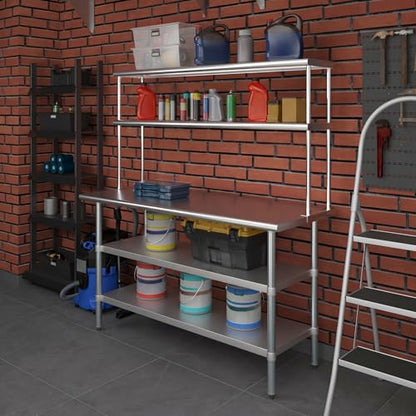 Stainless Steel Work Table with 2 Shelves (24" x 60" Table With 2 Shelves + 12" Overshelf)