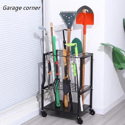Garden Tool Organizer for Garage Corner (Quadrangel-Wheels-Black)