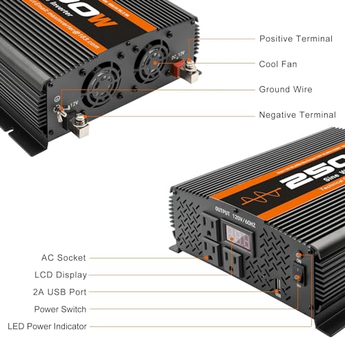 2500W Inverter Pure sine Wave RV Inverter Power Inverter 12V to 110 for Car Truck semi Truck Vehicles (S-2500)