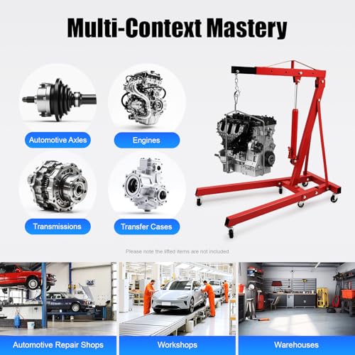 Folding Engine Hoist 1 Ton Engine Crane Lift with 6 Caster Wheels 2200LBS Steel Hydraulic Engine Crane 4 Adjustable Positions for Car Fixing Workshops Garages Warehouse (Red 2T)