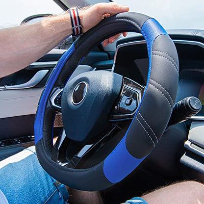 Line Rider Microfiber 14 Inch Leather Sporty Steering Wheel Cover Universal Fits for Truck (Black＆Blue / Small[13.5"-14"])