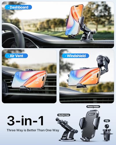 Military Grade Phone Holders for Your Car 【89+ LBS Strongest Suction & Metal Clip】 2026 Ultimate Car Phone Holder (Black)