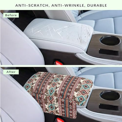 Aztec Brown Cow Print Car Center Console Cushion Cover Comfortable Armrest Seat Box Lid with Organizer Pockets Anti (Aztec Brown Cow Print)
