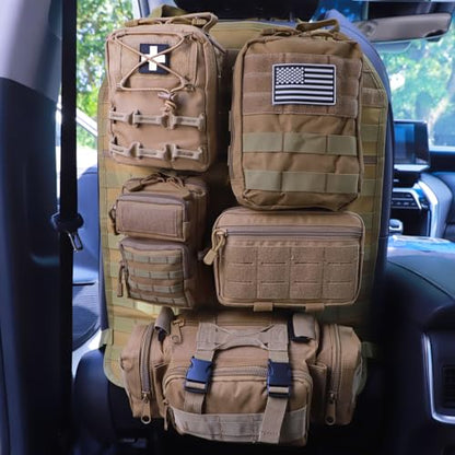 Universal Tactical Seat Back Organizer Vehicle Molle Panel Organizer Storage Bag with 5 Detachable Molle Pouch for All Vehicel Such as Jeep (Upgraded-B-Khaki)