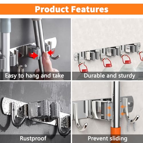 2 Pack Mop and Broom Holder Wall Mount for Kitchen Garage Laundry Room (Silver / 2 Pack 5 Racks with 4 Hooks)