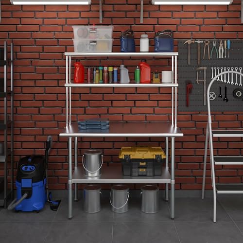 Stainless Steel Work Table Wide Double Tier Overshelf (24" x 48" Work Table + 12" Overshelf)