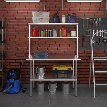 Stainless Steel Work Table Wide Double Tier Overshelf (24" x 48" Work Table + 12" Overshelf)
