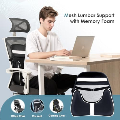 Memory Foam Double Layer Breathable Mesh Lumbar Support Ergonomic Leather Lumbar Support Pillow with 3D Mesh Back Support and Adjustable Strap for CarSeat & Office Chair (Leather Black)