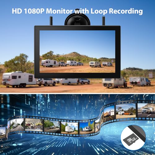 3 Magnetic Solar Wireless Backup Camera HD1080P Loop Recording 10.1 Inch Touchscreen Monitor