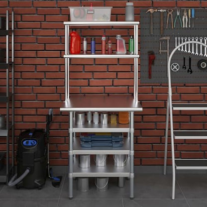 24" x 30" Stainless Steel Work Table with 3 Shelves and 12" Wide Double Tier Overshelf (24" x 30" Table with 3 Shelves + 12" Overshelf)