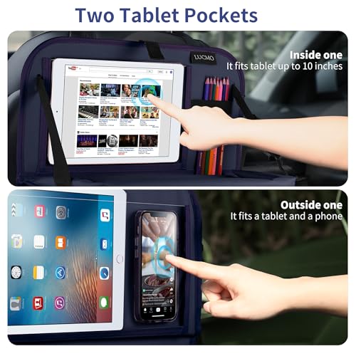 Car Backseat Organizer with Foldable Tablet Holder (Dark Blue-3 / 2 Pack with Food Tray)