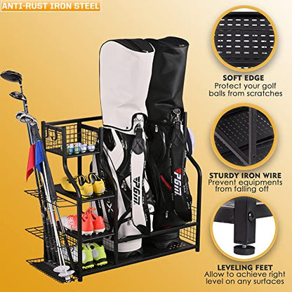 2 Golf Bag Rack Garage Storage Organizer Metal Black Golf Clubs Stand (Black(For 2 Golf Bags+Wheels))