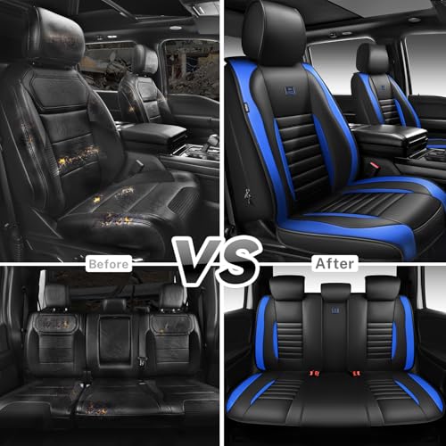 Nappa Leather Car Seat Covers Full Set (Black blue / Full Set)
