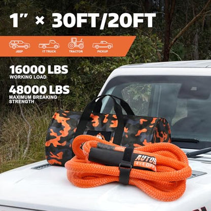 Kinetic Recovery Rope 1" x 20ft Tow Rope with 2 Soft Shackles (1"x20' Rope +2 Soft Shackle)