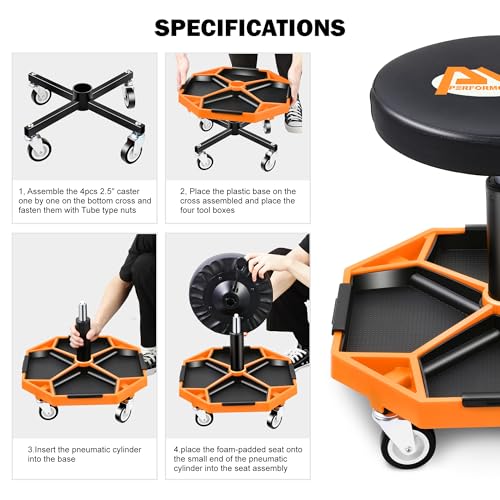 Adjustable Height Pneumatic Garage Seat Rolling Mechanic Stool with Tool Tray Storage (Orange)