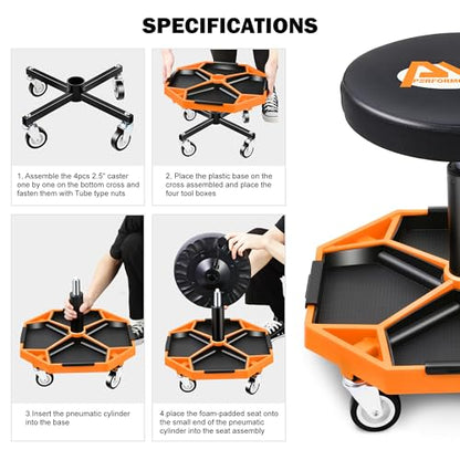 Adjustable Height Pneumatic Garage Seat Rolling Mechanic Stool with Tool Tray Storage (Orange)