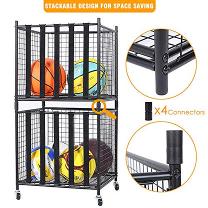 Garage Sports Ball Storage Rack Lockable Stackable Ball Cage Rolling Cart (Matt Black)
