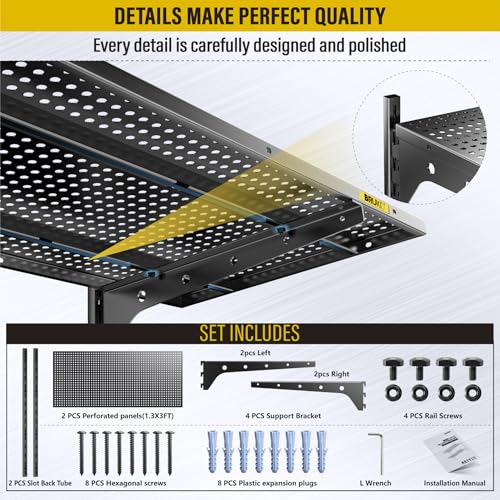 2 Tier 1.3x3ft Garage Shelving Wall Mounted (Black / 2pack-1.3×3ft)