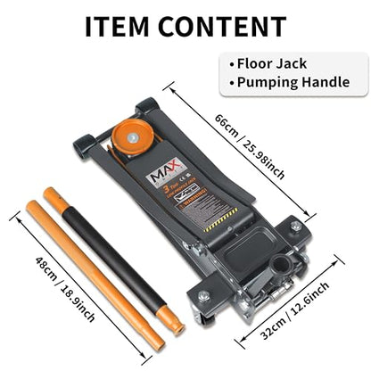 3-Ton (6600lbs) Low Profile Hydraulic Heavy-Duty Steel Floor Jack with Dual Pistons Quick Lift Pump, Home and Workshop Car Maintenance for Various Vehicles (Orange, 3 Ton Low Profile) (Orange / 3 Ton)