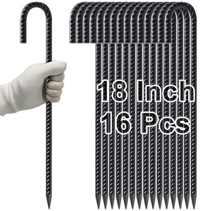 Rebar Stakes 18 Inch J Hook Heavy Duty (J-18 Inch-16 Pcs / J-18 Inch-Φ3/8"-Black)