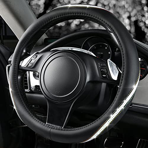 Bling Diamond Black Leather Steering Wheel Cover (Multicolor Diamond 1PCS)