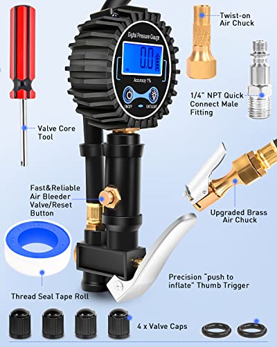 50057A Digital Tire Inflator Deflator with Pressure Gauge 250 PSI Air Chuck and Compressor Accessories with Rubber Hose and Quick Connect Coupler for 0.1 Display Resolution (Tire Inflator Gauge Style 2)