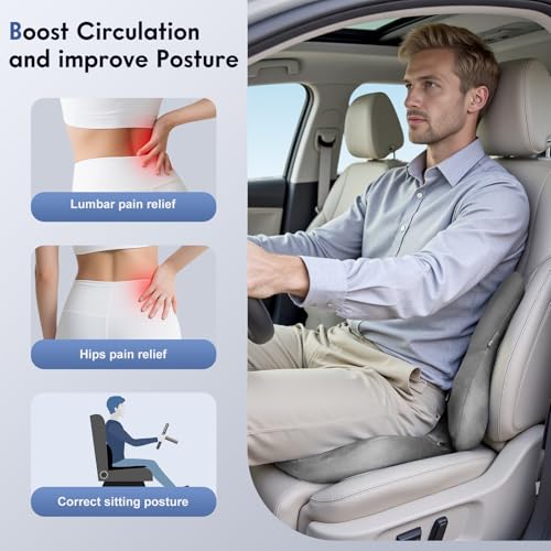 Memory Foam Car Seat Cushion and Lumbar Support Pillow for Car (Gray / 2 Pieces)