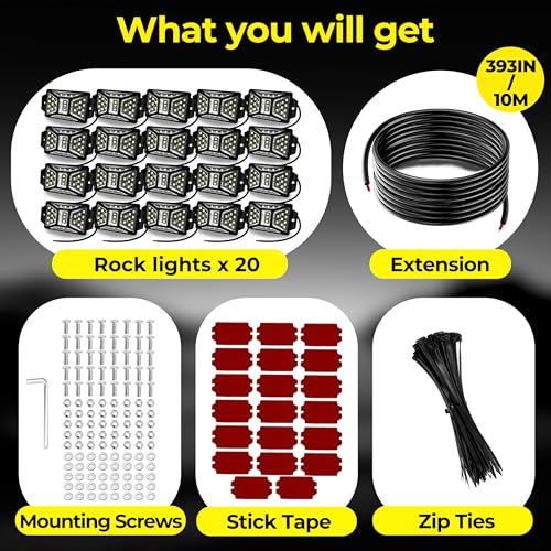 20 Pods 540 LEDs 6000K White Rock Lights with 32.8FT Extension Wire (20 Pods+11 yard wire)