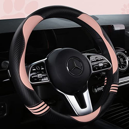 Car Steering Wheel Covers for Women Girl Padded Carbon Fiber PU Leather Cute Cartoon Auto Interior Accessories for Jeep (Pink+Black / Large Size[15.2-16"](38.6-40.5cm))