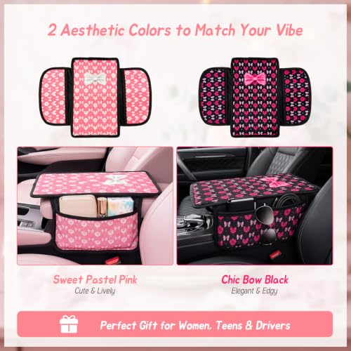 Pink Bow Car Center Console Armrest Cover with 2 Side Pockets (Bows-Black&Pink)