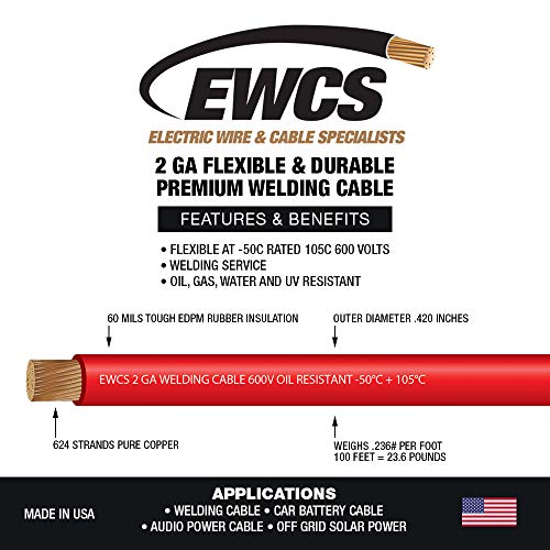 2 Gauge Premium Extra Flexible Welding Cable 600 Volt (25-feet)
