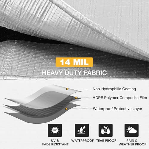 Heavy Duty Tarp 14 Mil Tarp Waterproof Silver 10x12 FT (Silver/Black-14mil / 10'x12')