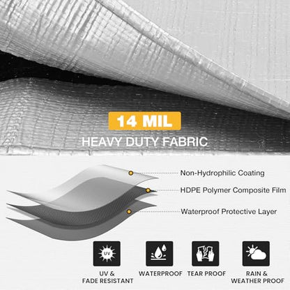 Heavy Duty Tarp 14 Mil Tarp Waterproof Silver 12x16 FT (Silver/Black-14mil / 12'x16')
