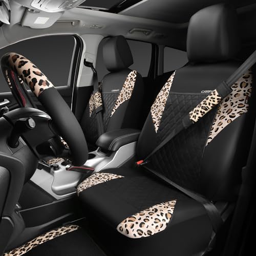 Leopard Print Faux Leather Car Seat Covers & Leopard Car Mats&Leopard Steering Wheel Cover Seat Belt Pad Universal Car Accessories for SUV (Leopard combo)
