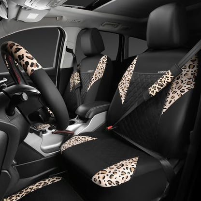 Leopard Print Faux Leather Car Seat Covers & Leopard Car Mats&Leopard Steering Wheel Cover Seat Belt Pad Universal Car Accessories for SUV (Leopard combo)
