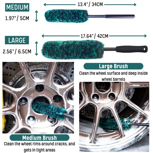 Professional 4 Pack Long Handle Wheel Brush Kit for Cleaning Wheel and Tire (4-Pack / Green/Black)