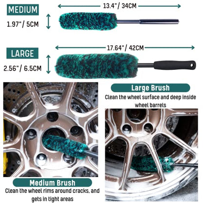 Professional 4 Pack Long Handle Wheel Brush Kit for Cleaning Wheel and Tire (4-Pack / Green/Black)