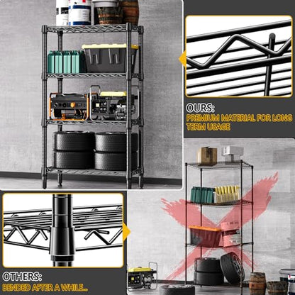 1000 lbs 4 Tier Shelf Metal Storage Shelves Wire Rack Closet Organizers for Garage Kitchen Bathroom Laundry Black 11.8" D x 25.6" W x 45.5" H (4 tier, 11.8" D x 25.6" W x 45.5" H / Black)
