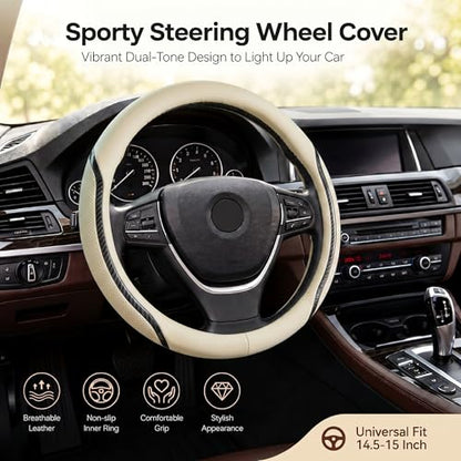 Beige Steering Wheel Cover with Coasters Leather Universal 15 inch (Medium / beige)