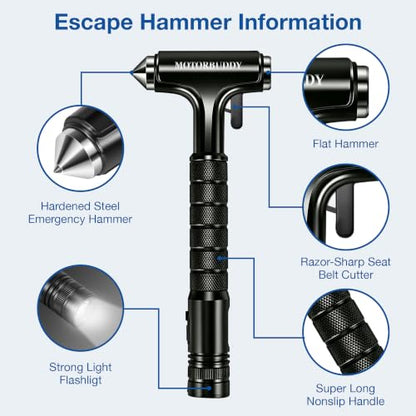 Window Breaker Seatbelt Cutter and Glass Breaker with Flashlight (Bright Black)