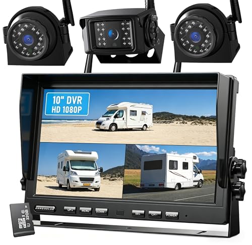 1080P Wireless Backup Camera System with 10 Inch DVR 3 Split Monitor (10'' 3 CAM)