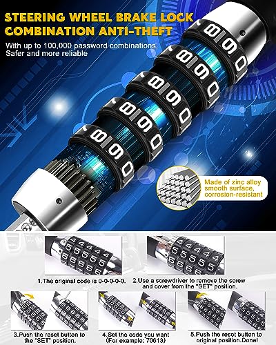 Steering Wheel Lock Anti Theft Device Retractable Brake Pedal Lock Keyless Password 5 Coded Combination Anti Theft Car Security Device Heavy Duty Universal Fit for Vehicle Car Truck Van SUV (Max length of 35.8")